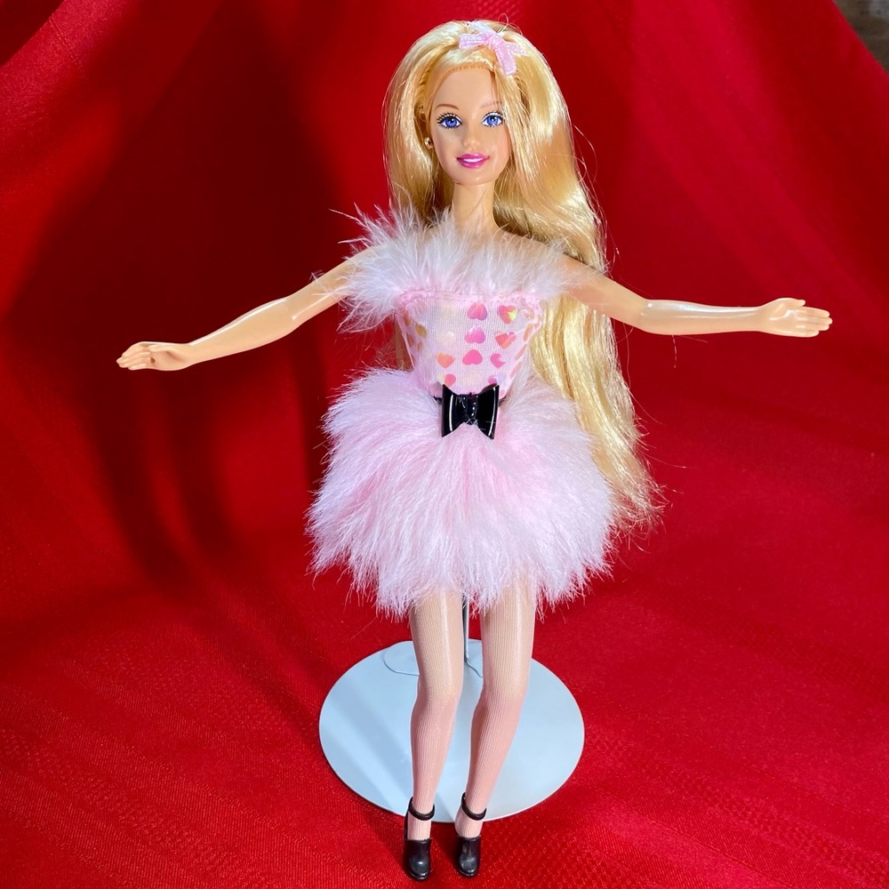 BARBIE doll pink dress with fur flexible arms legs blonde blue eyes pantyhose